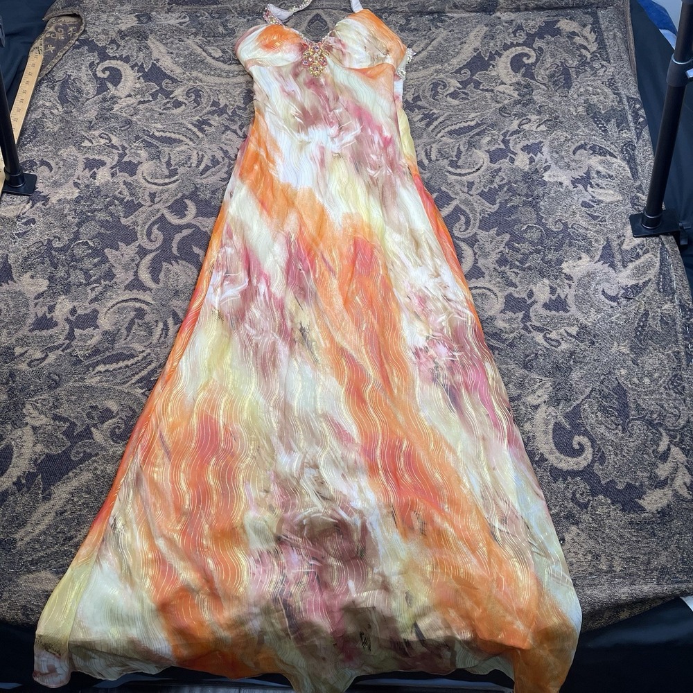 David's bridal Backless orange halter top beaded gown dress Womens Size 6